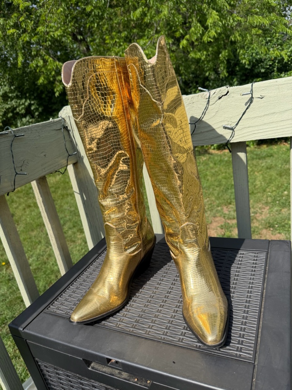 Amazon Gold Metallic Croc-Embossed Women's Knee-High Boots